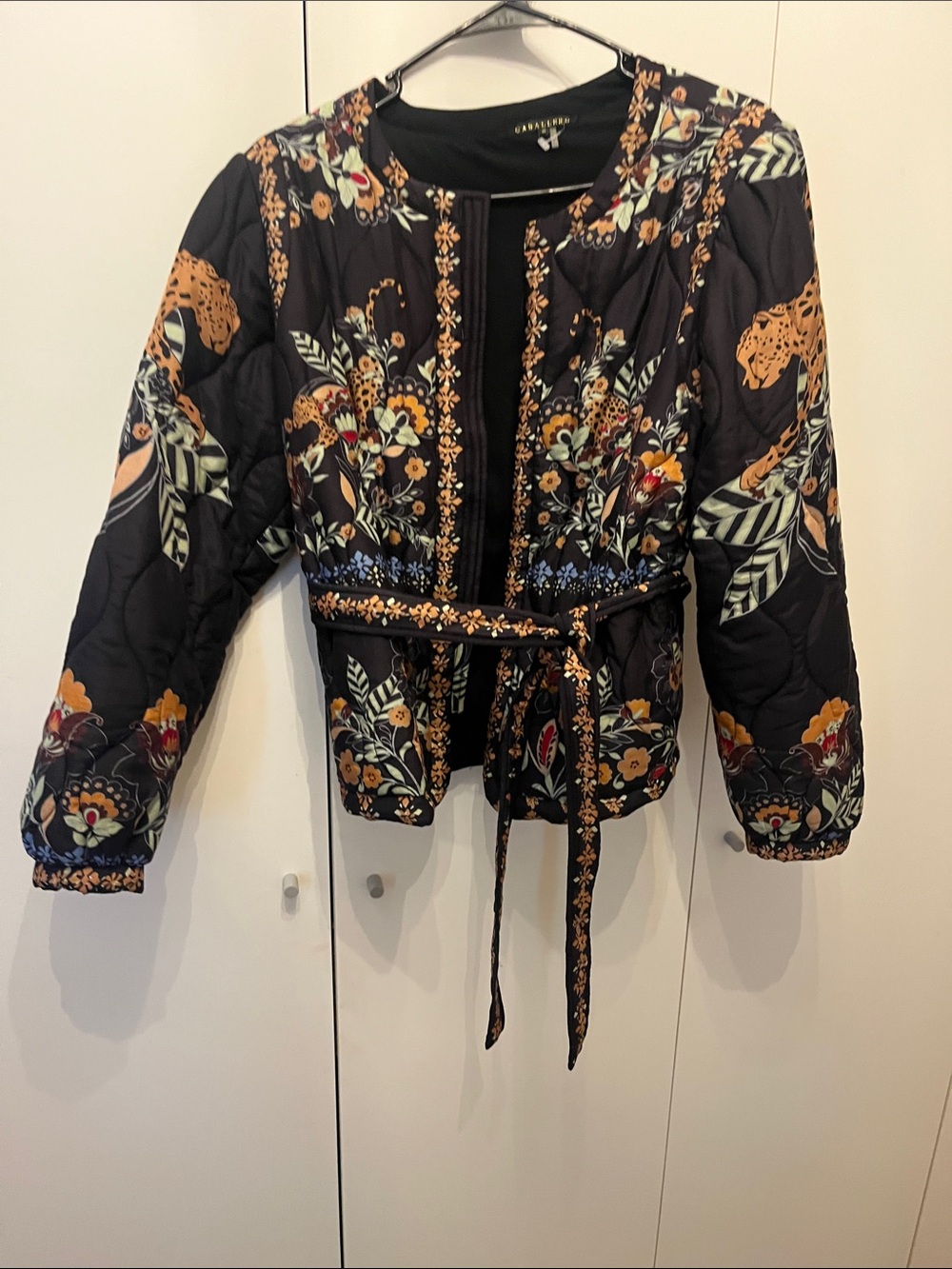 Cabella  Black Quilted Floral & Leopard Print Belted Jacket M